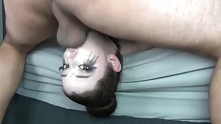 Big Titty Goth Babe with Sloppy Ruined Makeup & Threatening Lipstick Gets EXTREME Off the Bed Upside Down Facefuck with Balls Bottomless gulf Slamming Throatpie